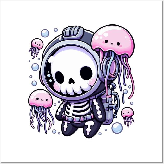 Kawaii Skeleton Diver With Jellyfish Wall Art by TomFrontierArt